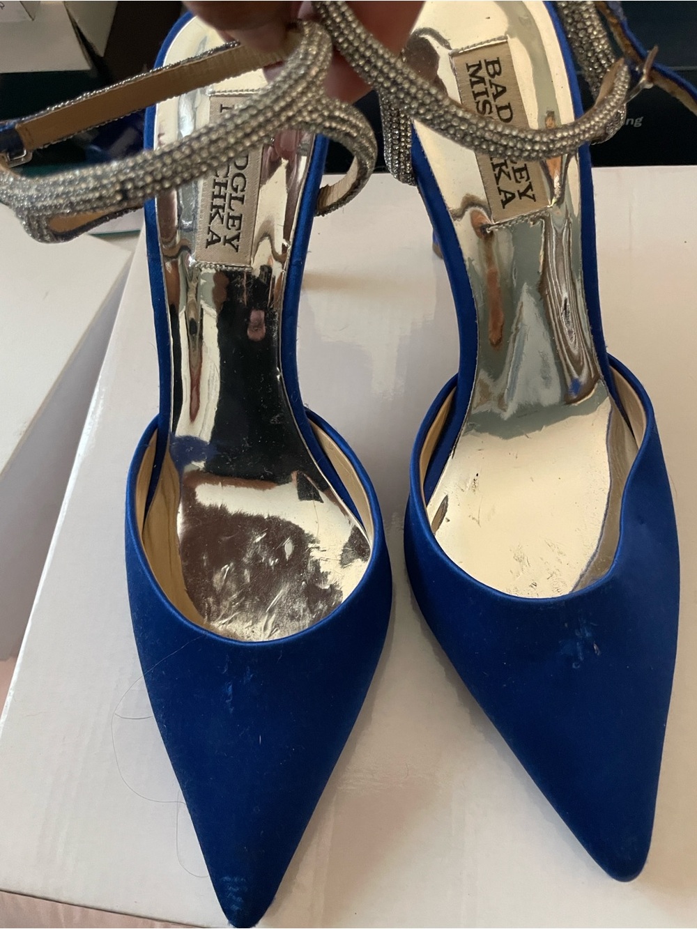 Badgley Mischka Royal Blue Pointed Toe Heels with Rhinestone Ankle Straps